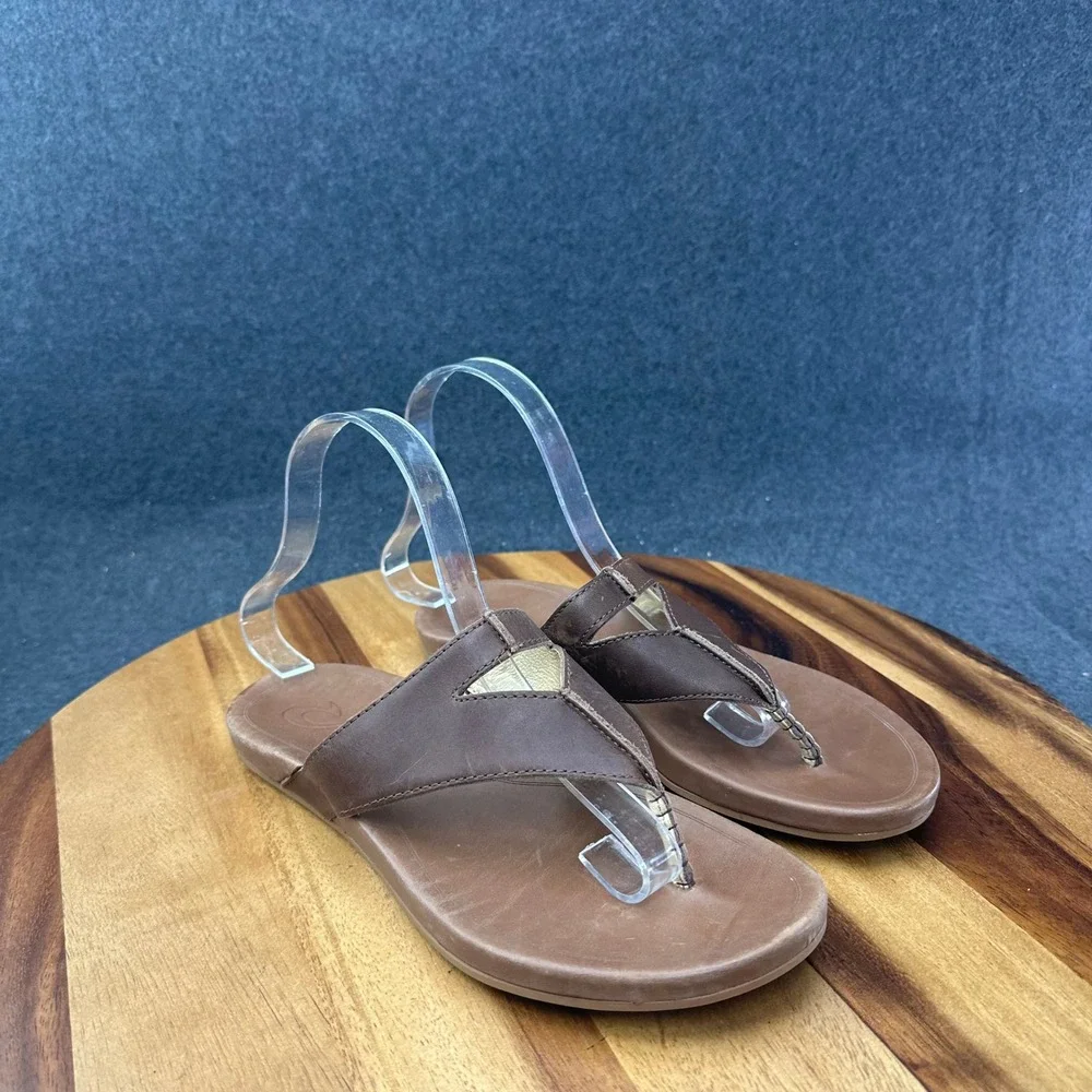 OluKai LALA Brown Leather Thong Flip Flops Slide Sandals Women's Size US 8